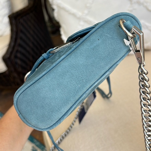 New REBECCA MINKOFF Mini Mac suede crossbody bag cloud blue - Picture 9 of 17